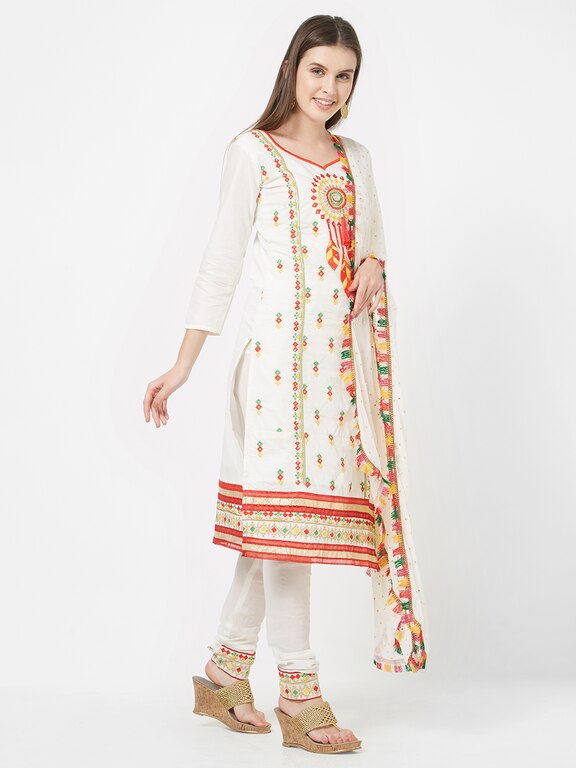 Viva N Diva Off White Embroidered Cotton Casual Dress Material